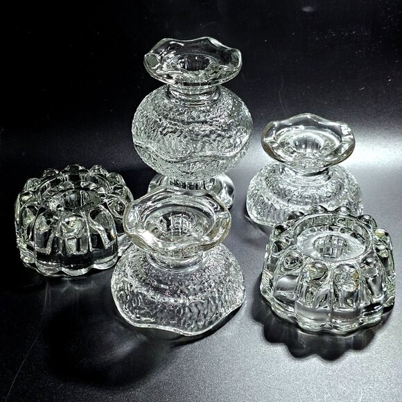 vtg assorted glass taper candleholders lot/6 wedding decor tablesettings low - Picture 1 of 9